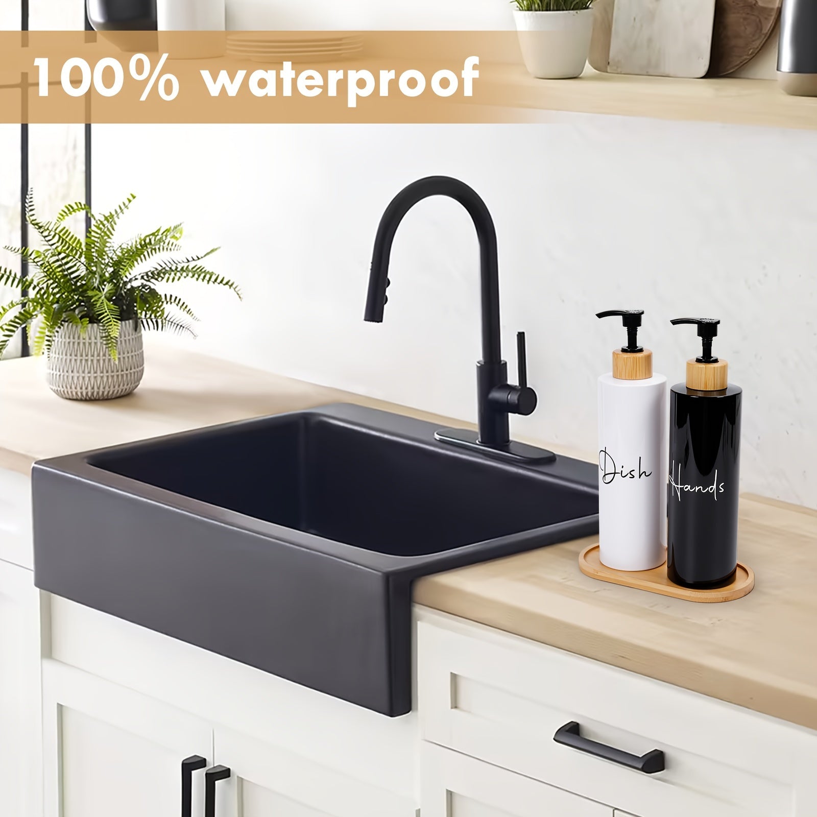 Set of 2 Black Refillable Soap Dispensers with Wooden Handles for Hand and Dish Soap