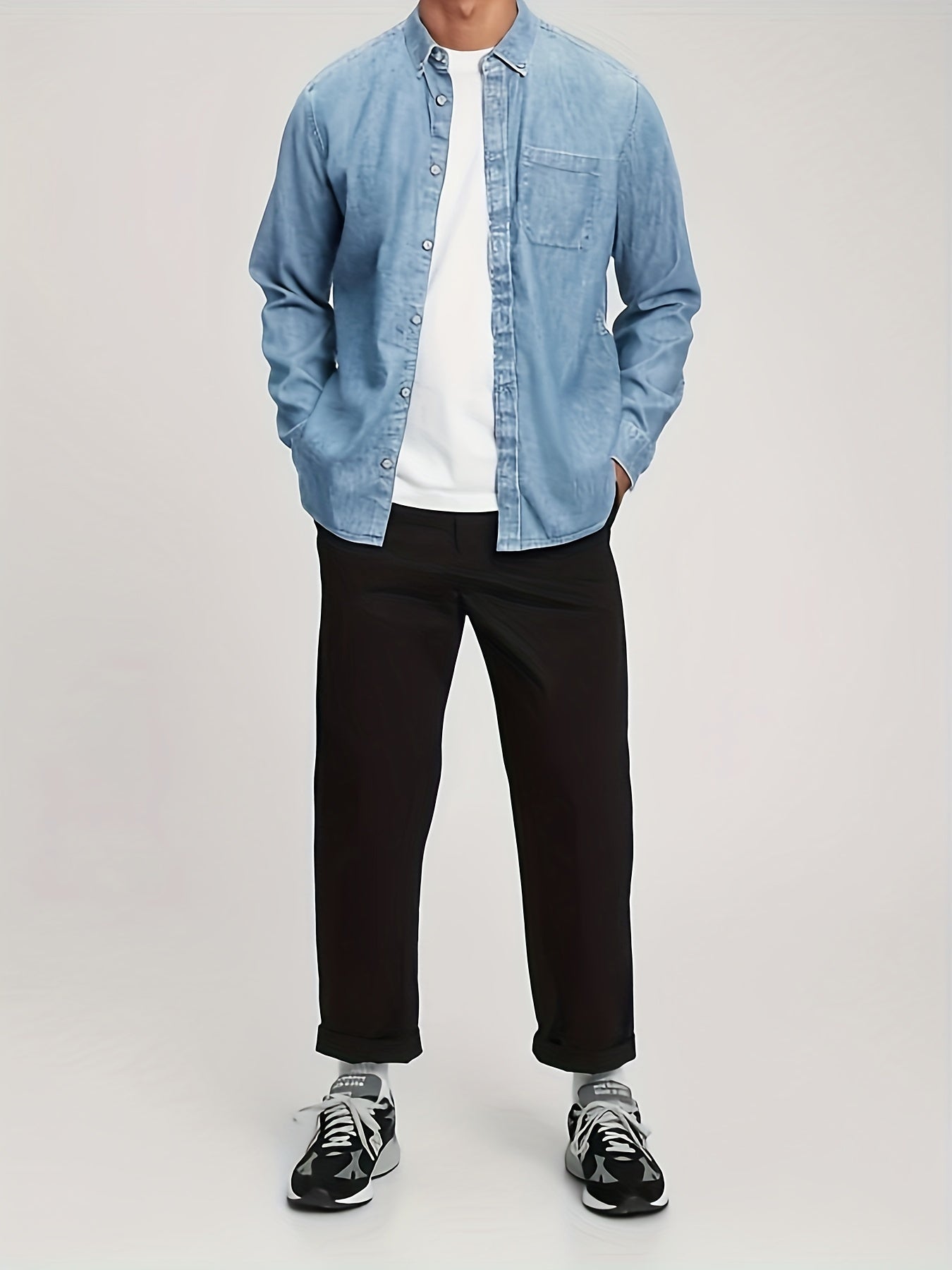 Men's Plus Size Solid Denim Shirt for Spring Fall Casual Woven Cotton