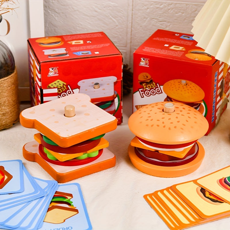 Kids Wooden Pretend Food Set for Kids Kitchen Play with Sandwich and Hamburger Toys