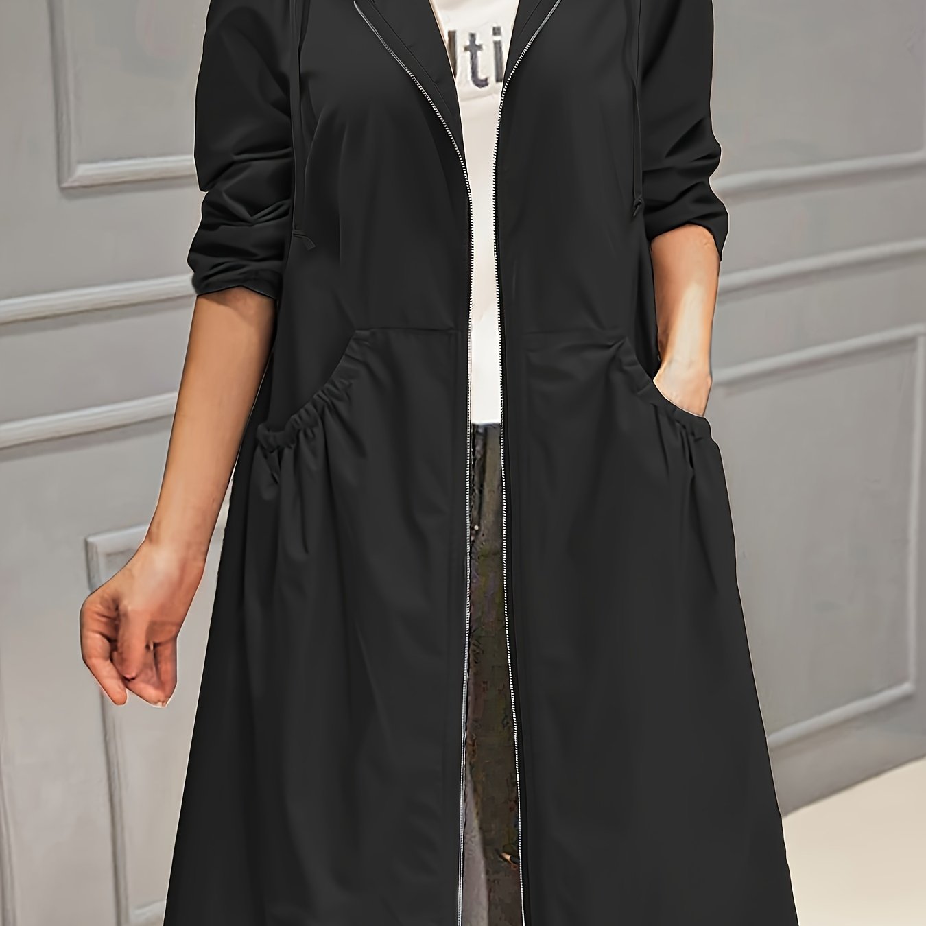 Plus Size Polyester Trench Coat with Zipper Hood and Pockets for Women