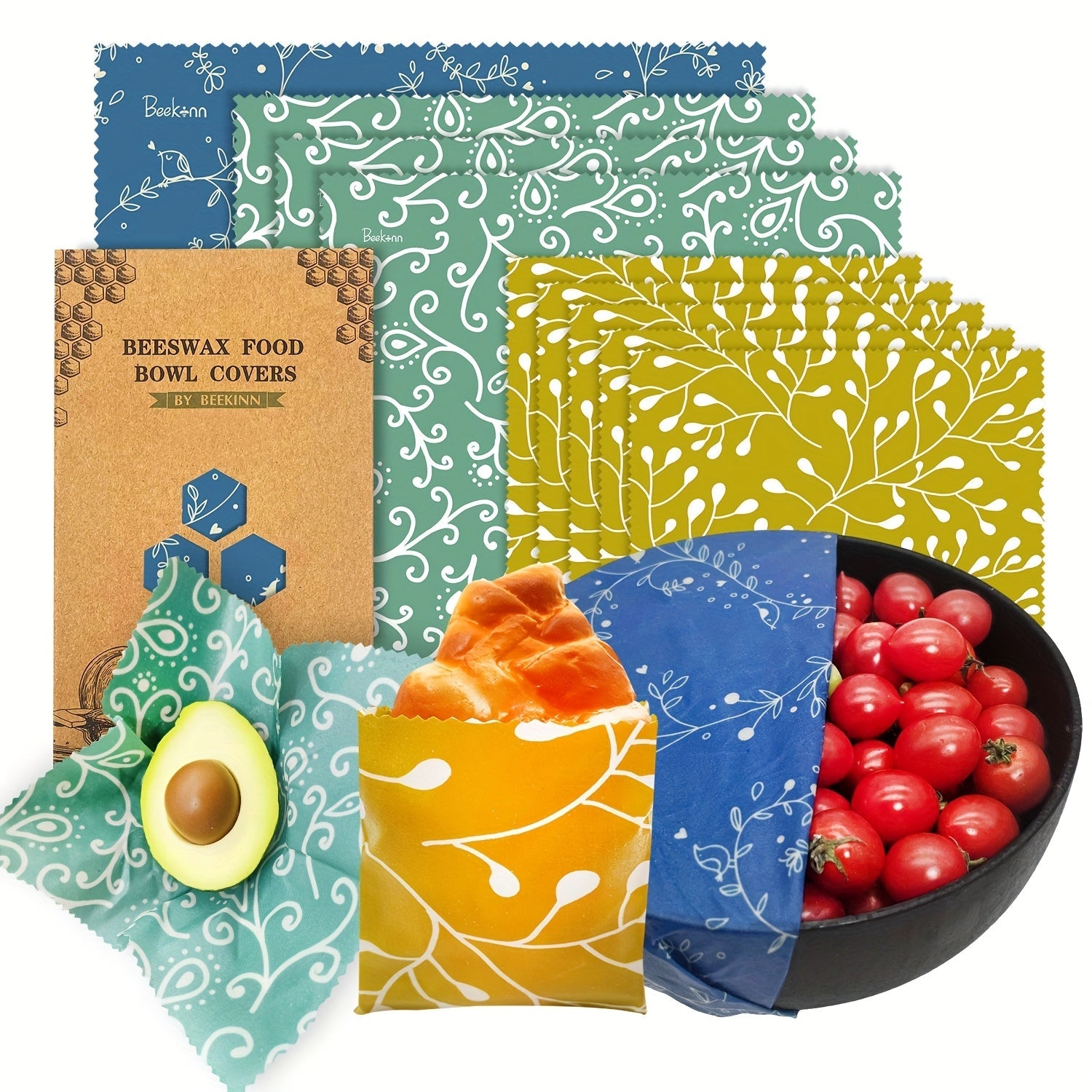 Food Covers Set 9 Pieces Beeswax Wraps Reusable Food Preservation for Leftovers and Fruits