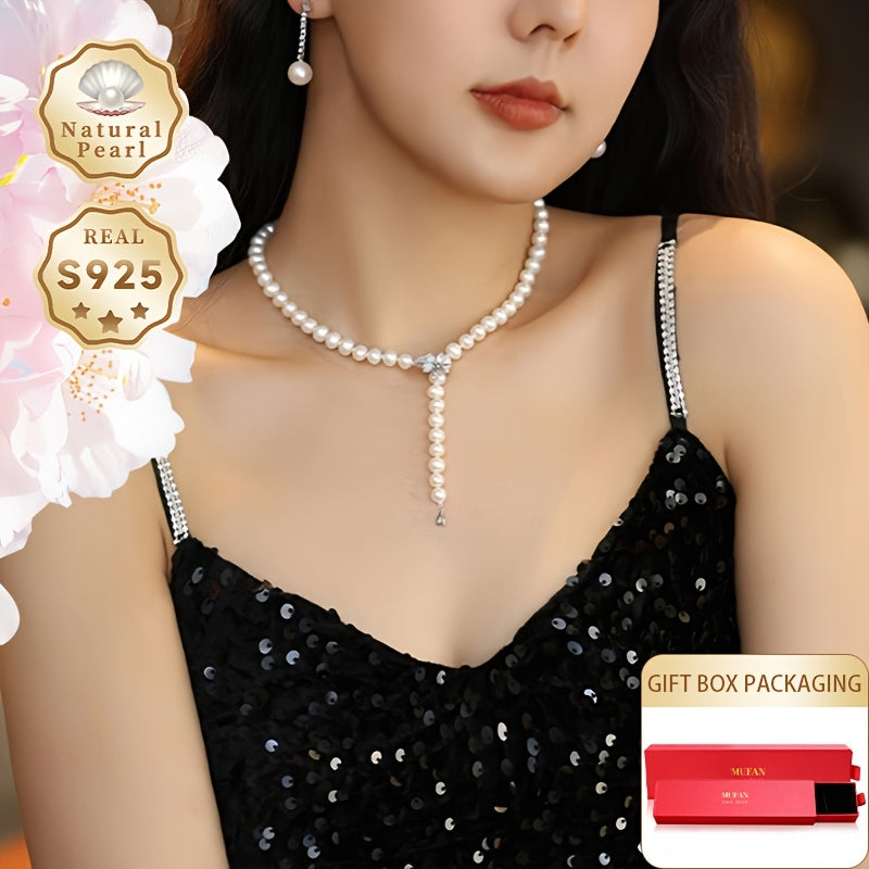 MUFAN Elegant Freshwater Pearl Necklace - 7-8mm tabiiy marvaridlar, S925 kumush, sovg'a qutisi bilan, har kuni kiyish va maxsus tadbirlar uchun ideal, yuqori sifatli brend, tabiiy nuqsonlar va rang farqlari.