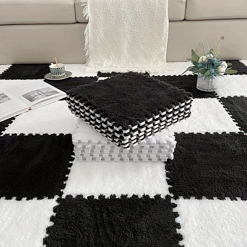12pcs Black and White Mosaic Carpet Set Washable Plush Mats for Bedroom Living Kitchen Bathroom
