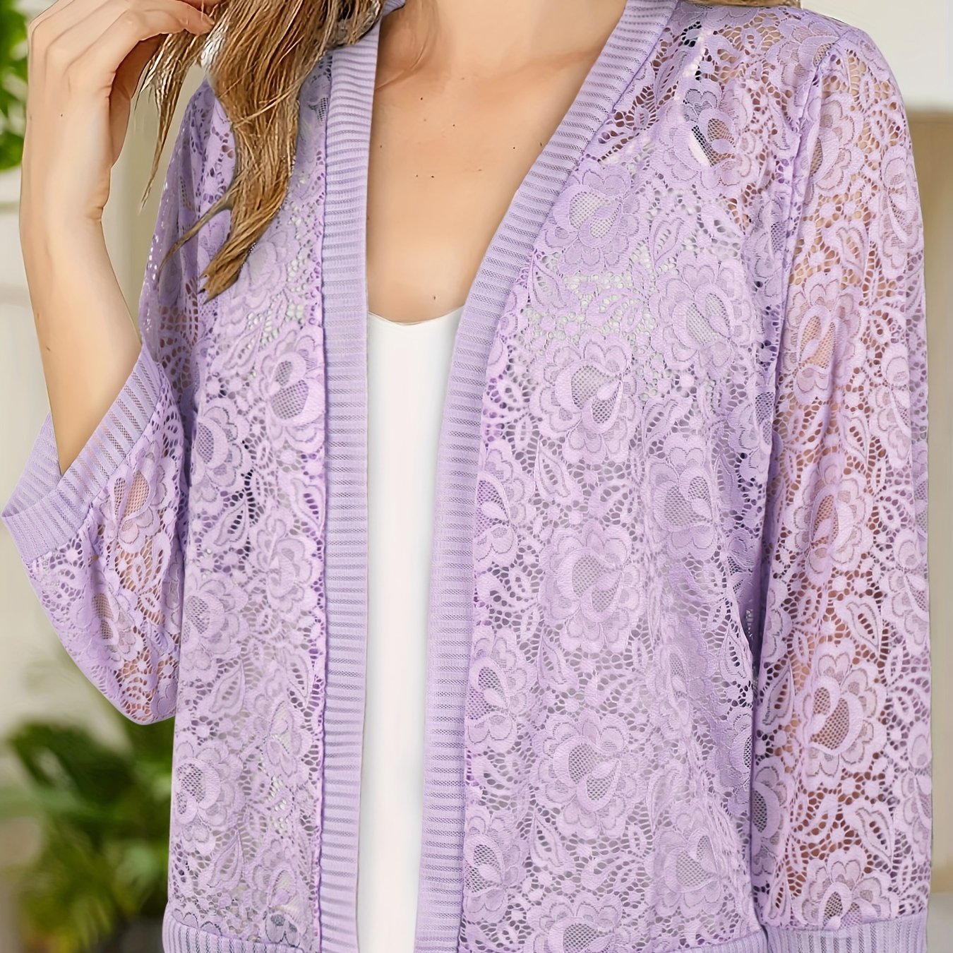 Plus Size Floral Lace Open Front Top Women's Long Sleeve Casual Spring Summer