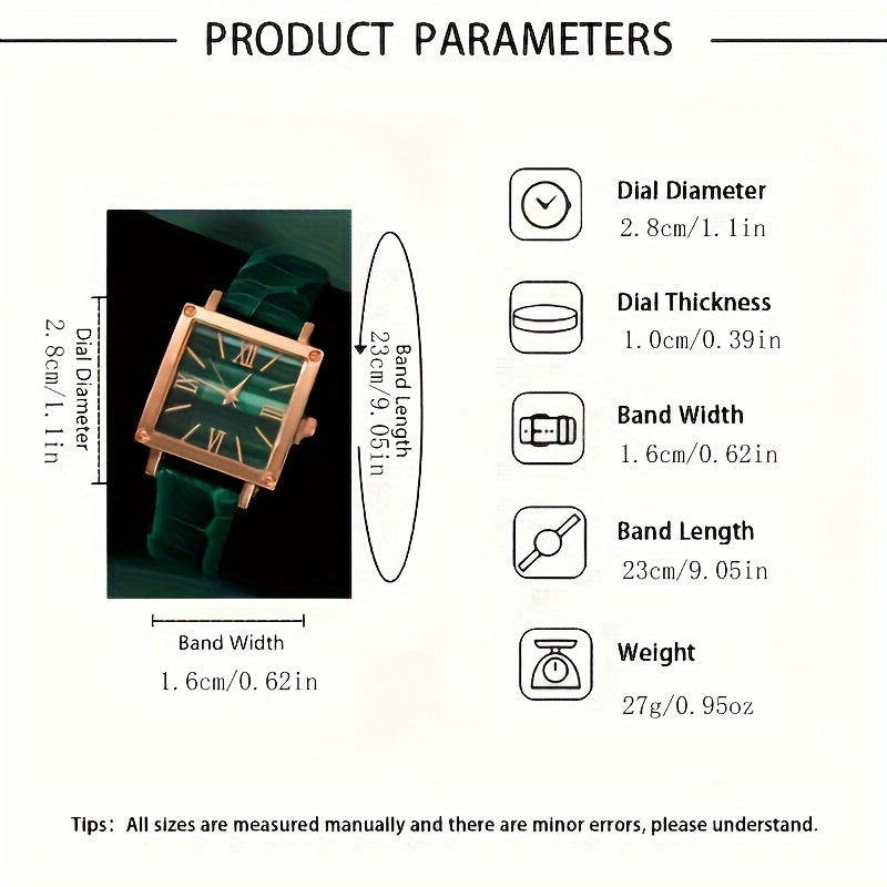 5 ta ayollar uchun vintage kvadrat kvarts soatlari to'plami, PU charm bilan taqilgan va sintetik toshli zargarlik buyumlari bilan