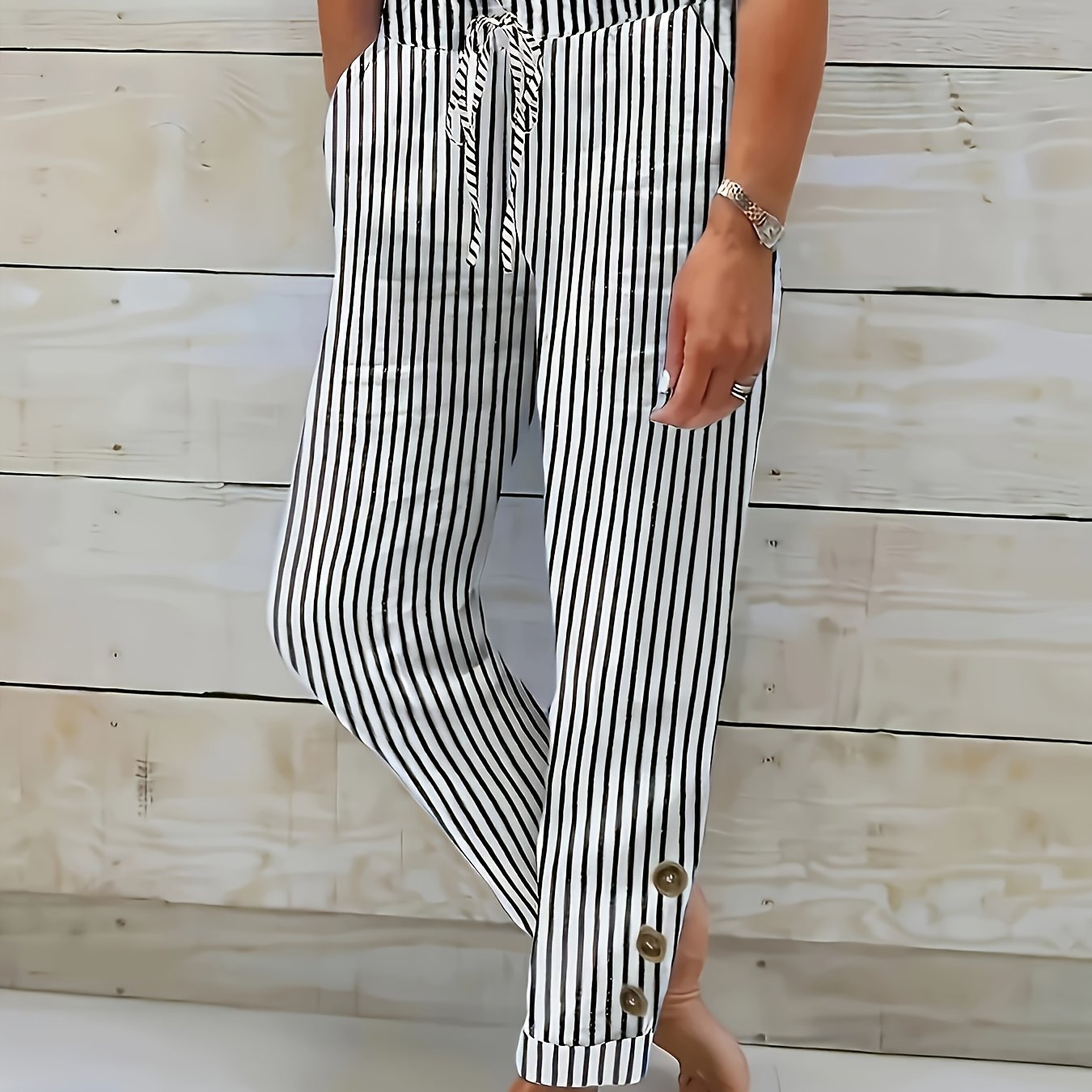 Women's Black And White Striped Cropped Pants Button Fly Straight Leg Casual Trousers