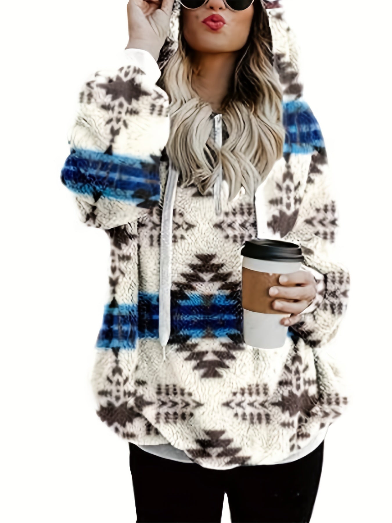 Plus o'lcham ayollar uchun boho kofta, Aztec bosma uzun qo'lqopli, chiziqli, issiq, qalin shiltak