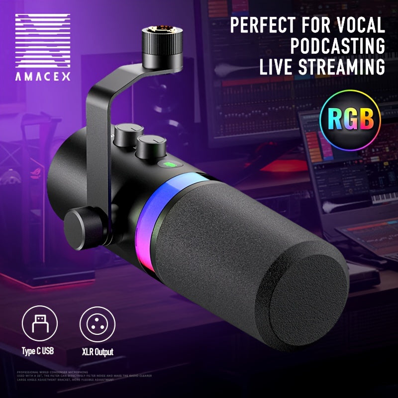 AMACEX SDM70 Dinamik Mikrofon XLR/USB, RGB, o'chirish funksiyasi va metall qurilishi bilan striming, o'yin, yozib olish va ovozli ishlov berish uchun.