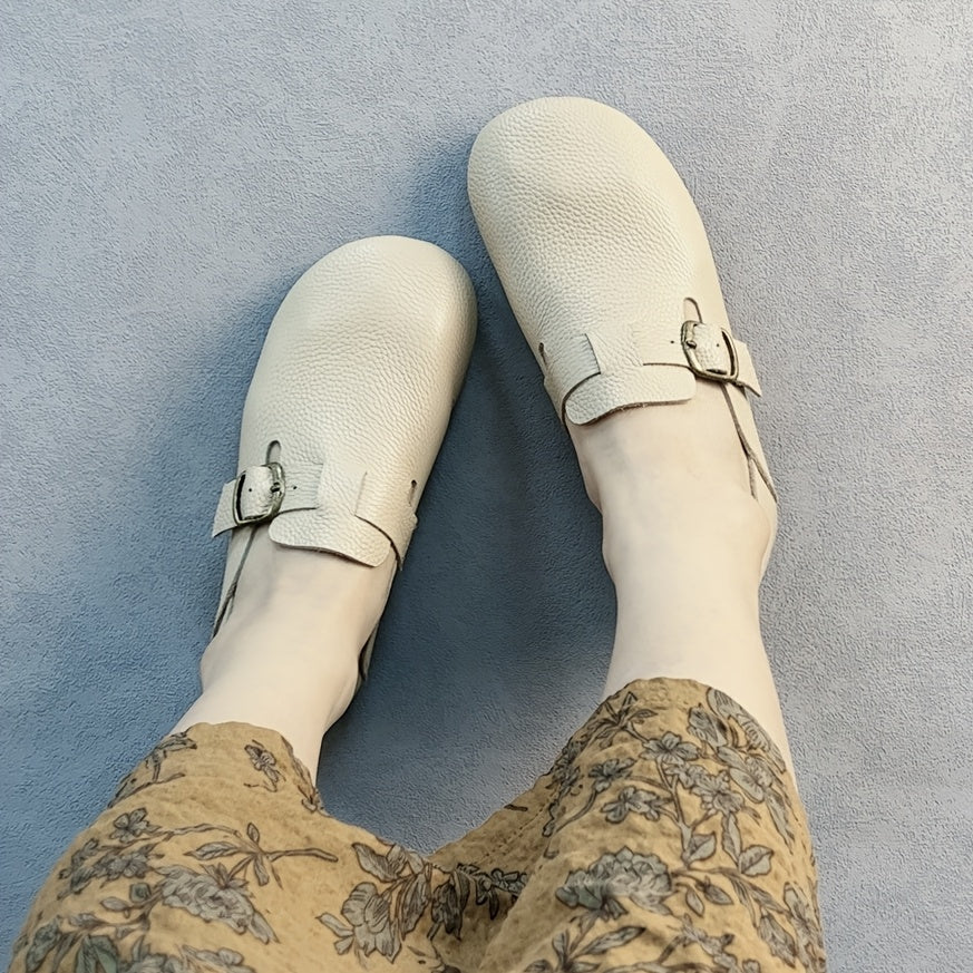 Women's Leather Flat Shoes with Buckle Strap Casual Loafers Brown