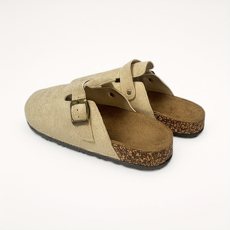 Women's Beige Mules with Buckle Detail Soft Fabric Lining Non-Slip Rubber Sole