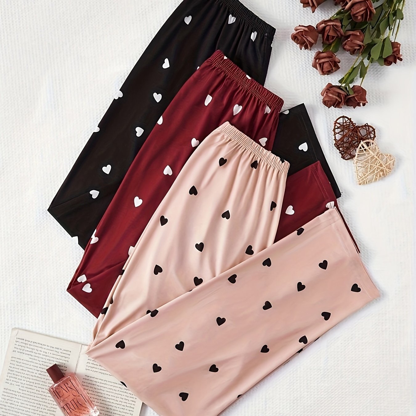 Women's Plus Size Sleep Pants Heart Print Bow Elastic Waist Loose Lounge Trousers