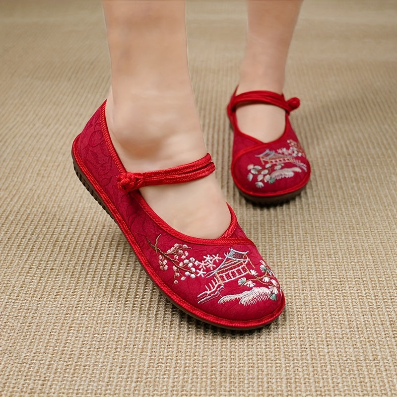 Zapatos de tela planos con bordado para mujer, slip-on, para uso diario