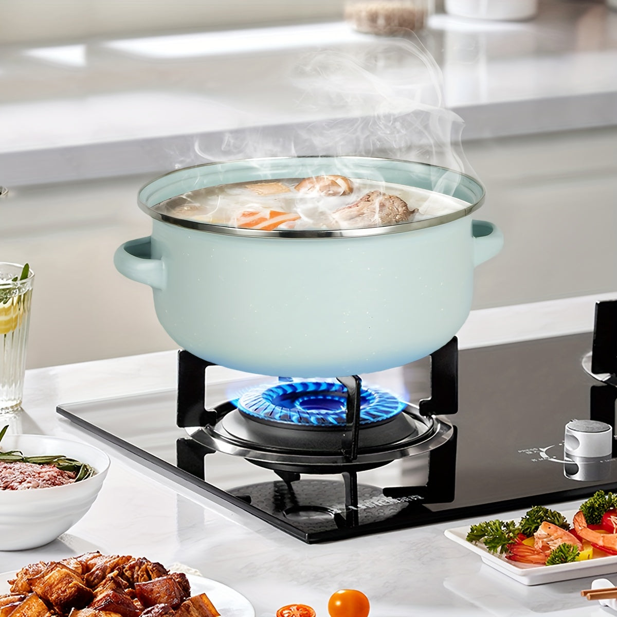 Enamel Cookware Set 3 Pieces with Lids Lightweight Portable for Cooking and Stewing