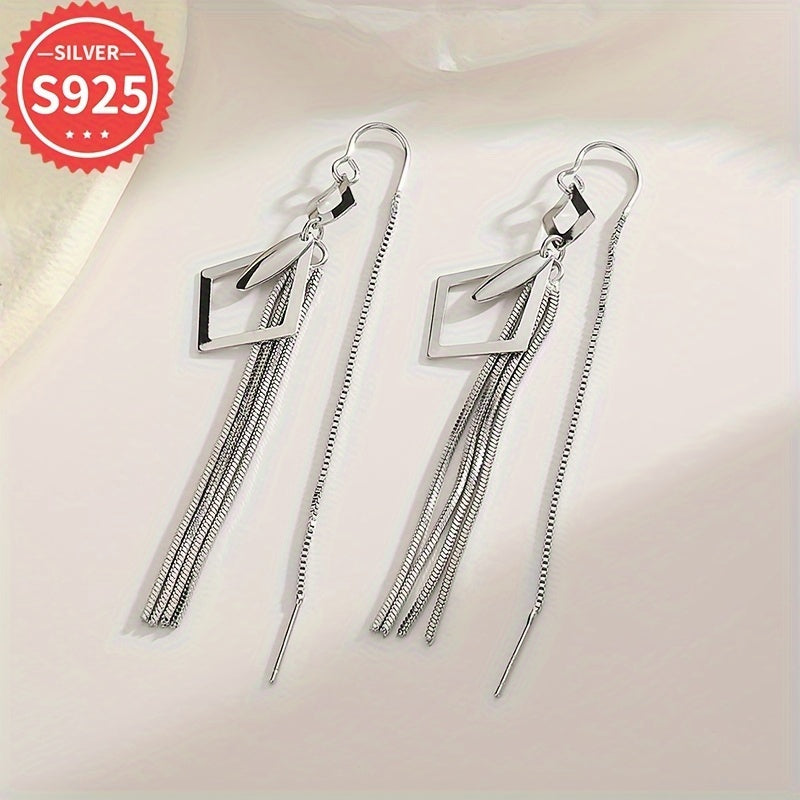 Sterling Silver Tassel Earrings Geometric Hollow Design Hypoallergenic Long Leaf Fringe