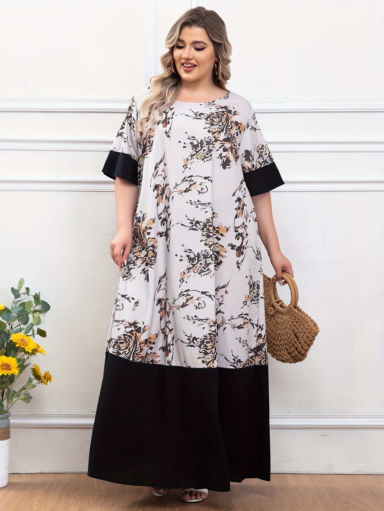 Plus Size Floral Print Dress Short Sleeve Crew Neck Longline Summer Women's Clothing