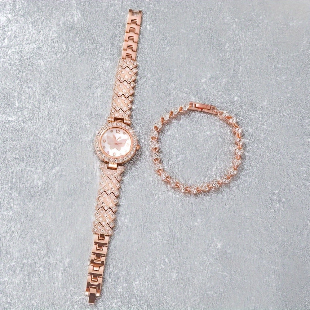 Ladies' Quartz Watch and Rhinestone Bracelet Set for Gift, Elegant Style