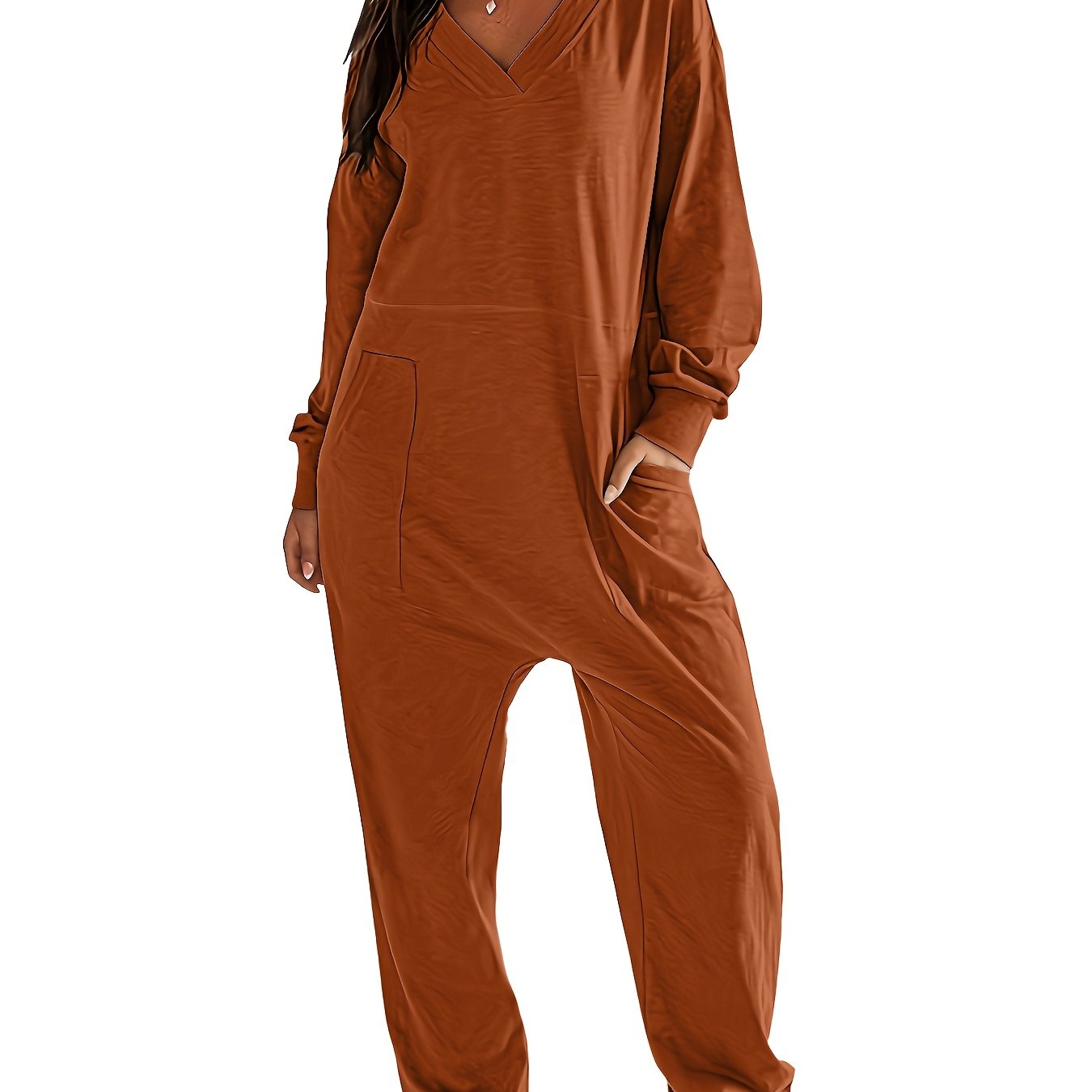 Women's Plus Size V-Neck Jumpsuit with Pockets and Stretch Fabric