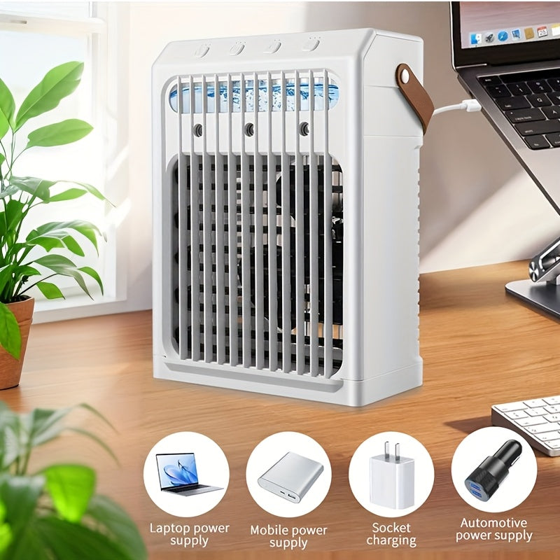 Ventilador de aire acondicionado portátil con pulverizador humidificador, 3 velocidades, 7 luces de colores, filtro desmontable