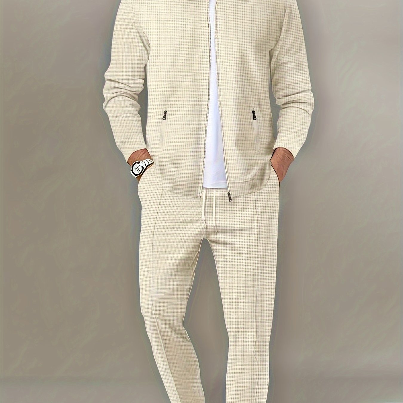 Men's Beige Waffle Knit Tracksuit Set Full-Zip Jacket and Jogging Pants Polyester Spandex