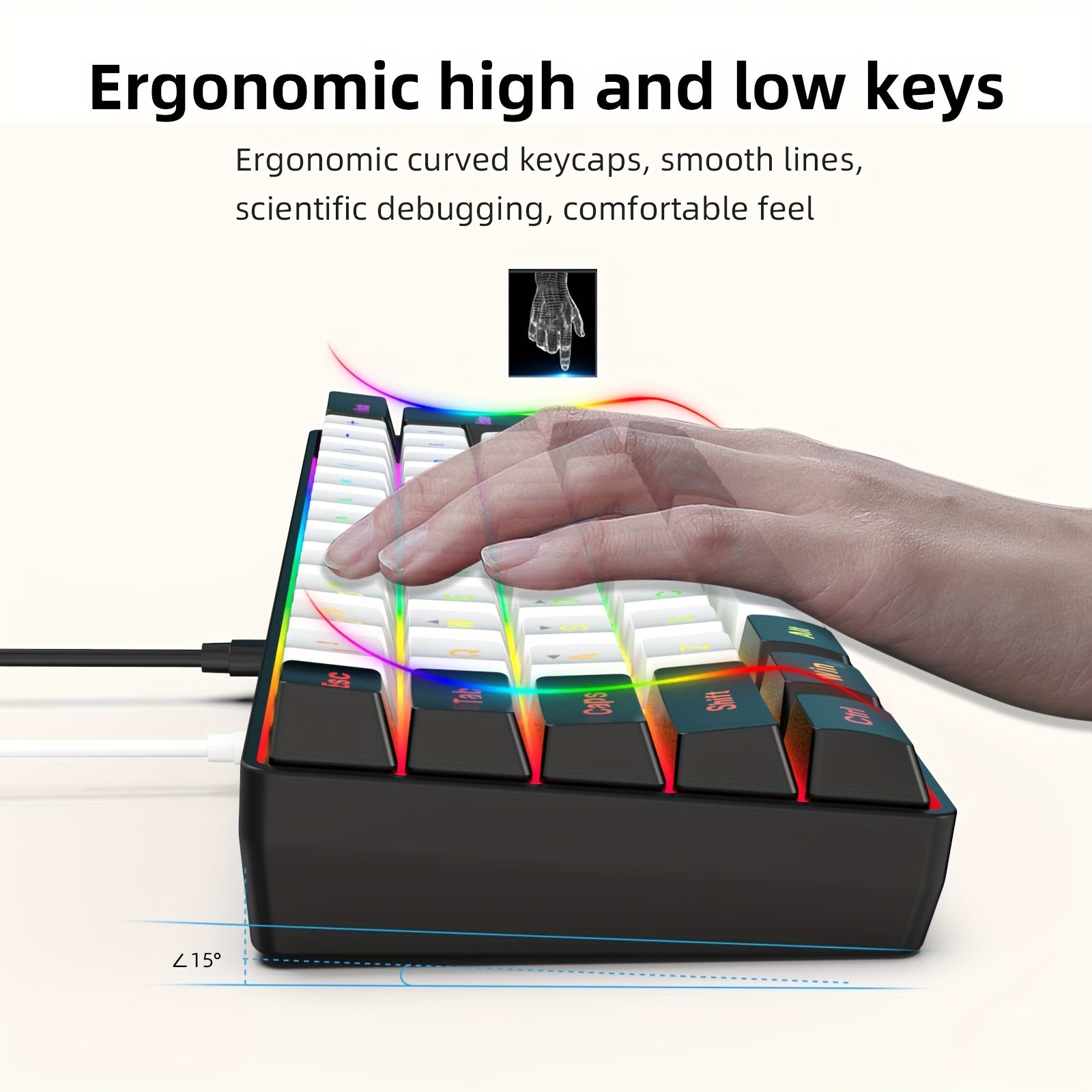 Teclado de juegos RGB mini de 60% con 61 teclas retroiluminadas, con cable USB, para PC y Mac, escritura y juegos