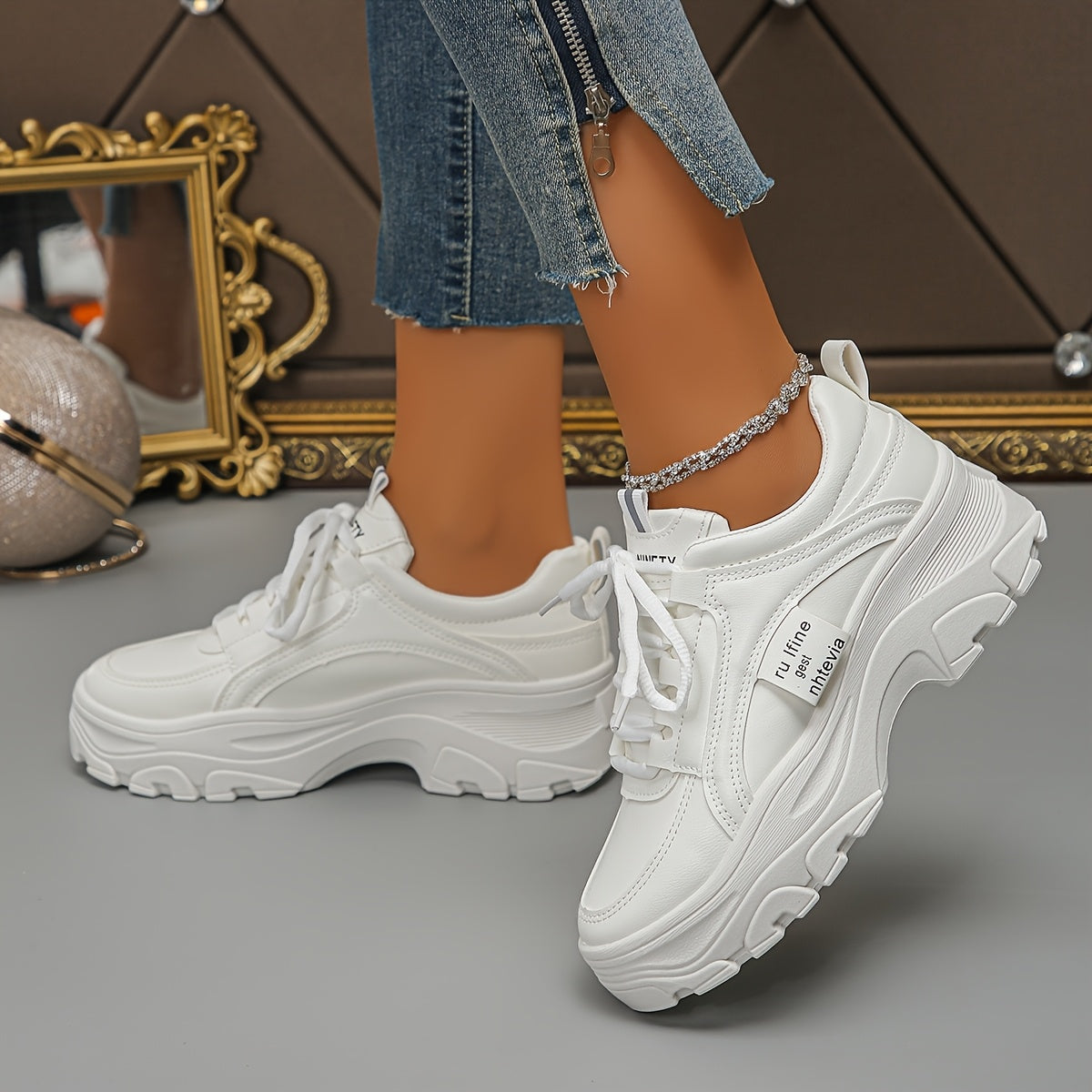 Women Chunky Sneakers Lightweight Breathable Casual Shoes White Low Top