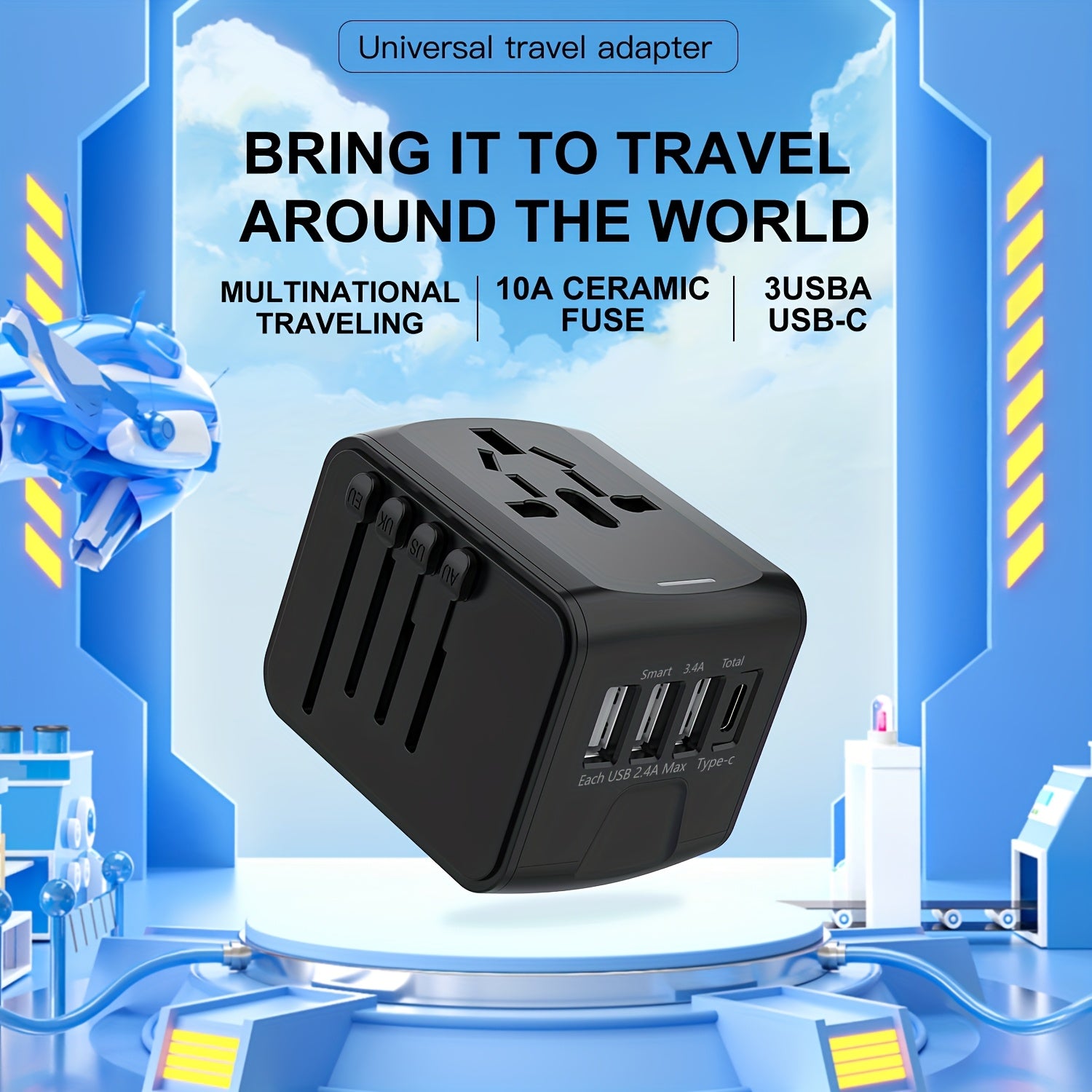 Adaptador de viaje universal de 2500W con protección de seguridad para más de 150 países, compacto y portátil
