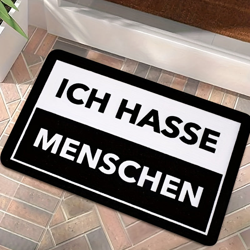Anti-Stain Polyester Doormat with "ICH HASSE MENSCHEN" Design, Machine Washable, Indoor Entrance Rug