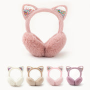 Auriculares con orejas de gato acogedoras, orejeras de peluche con pelo sintético, orejas brillantes, ropa de invierno