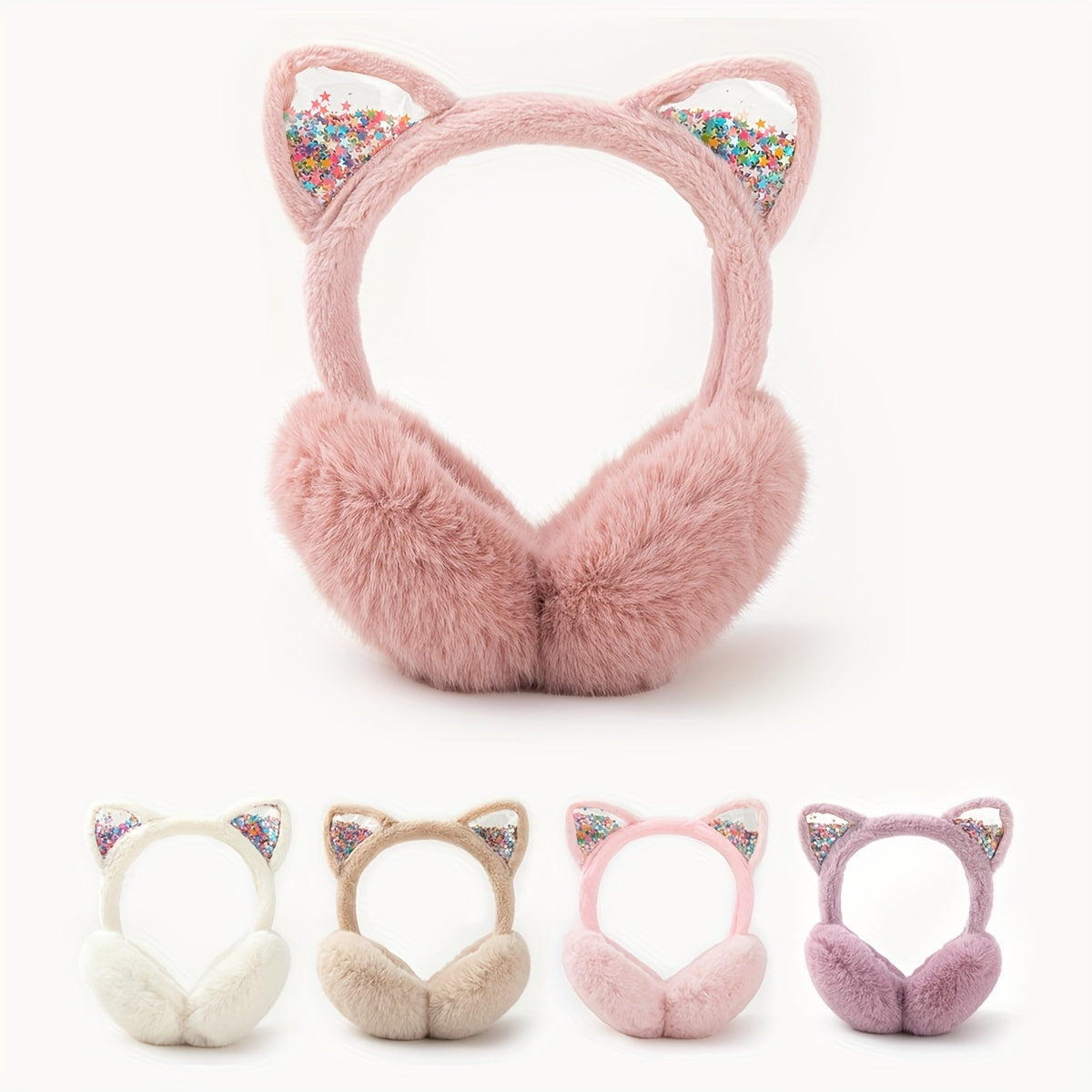 Auriculares con orejas de gato acogedoras, orejeras de peluche con pelo sintético, orejas brillantes, ropa de invierno
