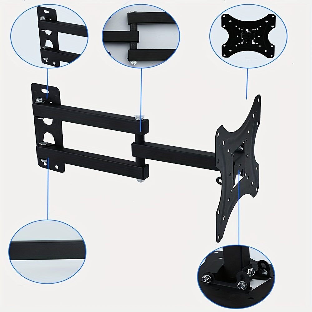 Кронштейны для крепления телевизора, регулируемые и вращающиеся, для экранов размером от 14 до 27 дюймов, от 14 до 42 дюймов и от 32 до 55 дюймов. Изготовлены из холоднокатаной стали и предназначены для настенного монтажа.