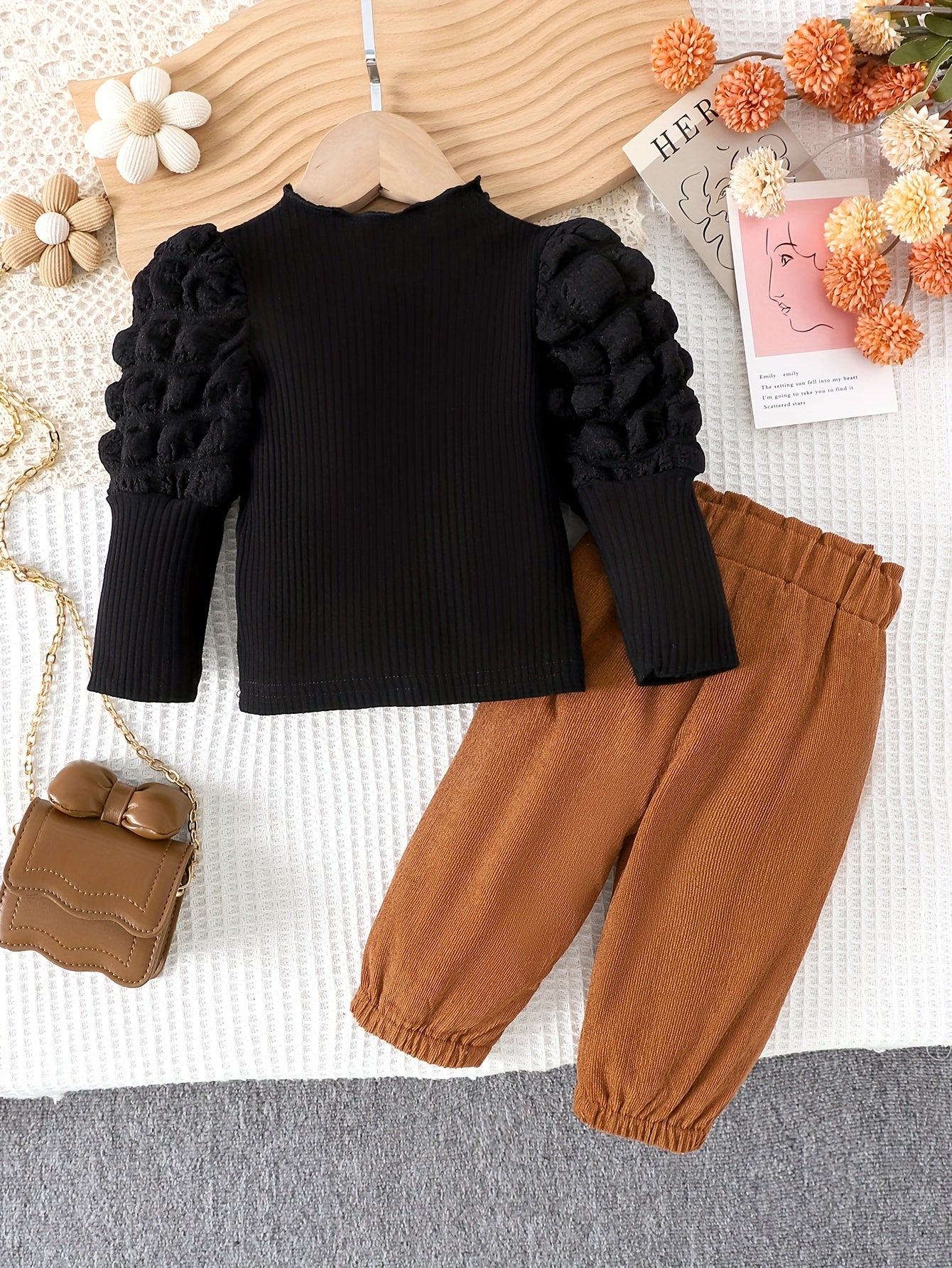 Baby Girls' Spring Fall Long Sleeve Top and Pants Set with Bow for Outdoor Wear