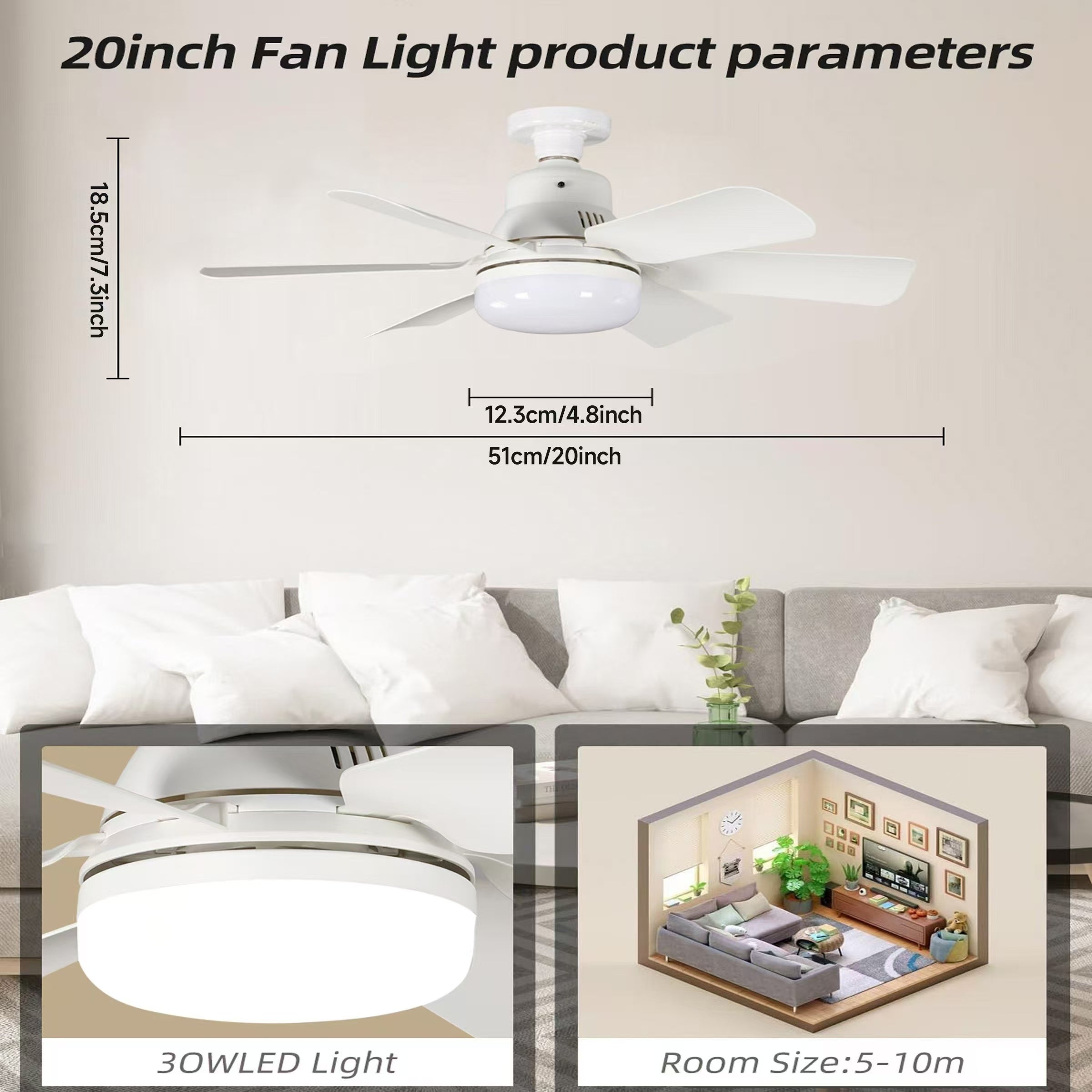 LED Ceiling Fan with Remote Control, Adjustable Lighting and Wind, E26/E27 Compatible, for Living Room Bedroom Kitchen