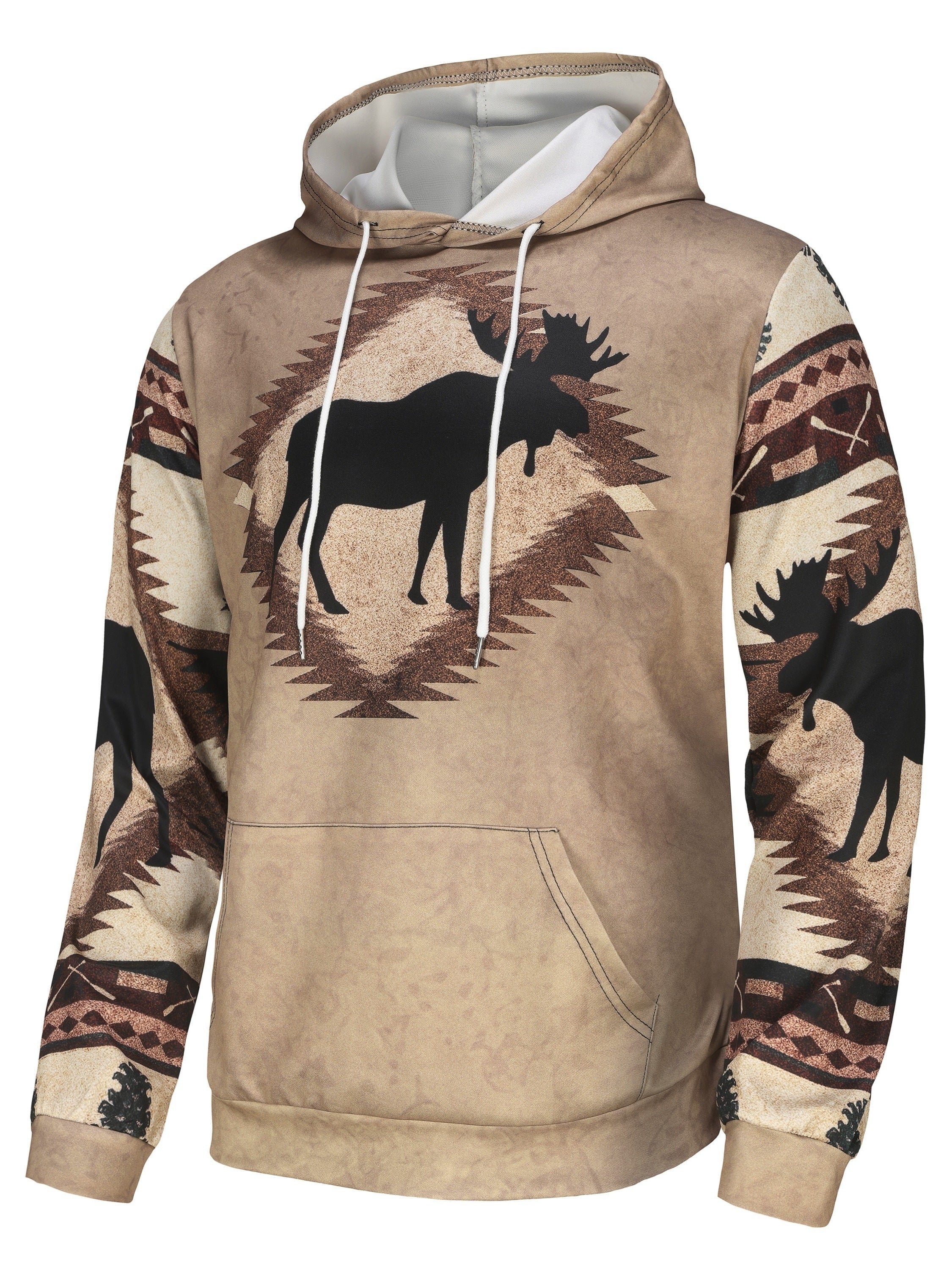 Men's Vintage Moose Print Hoodie with Zipper Drawstring Neck Geometric Pattern Sleeves Plus Size