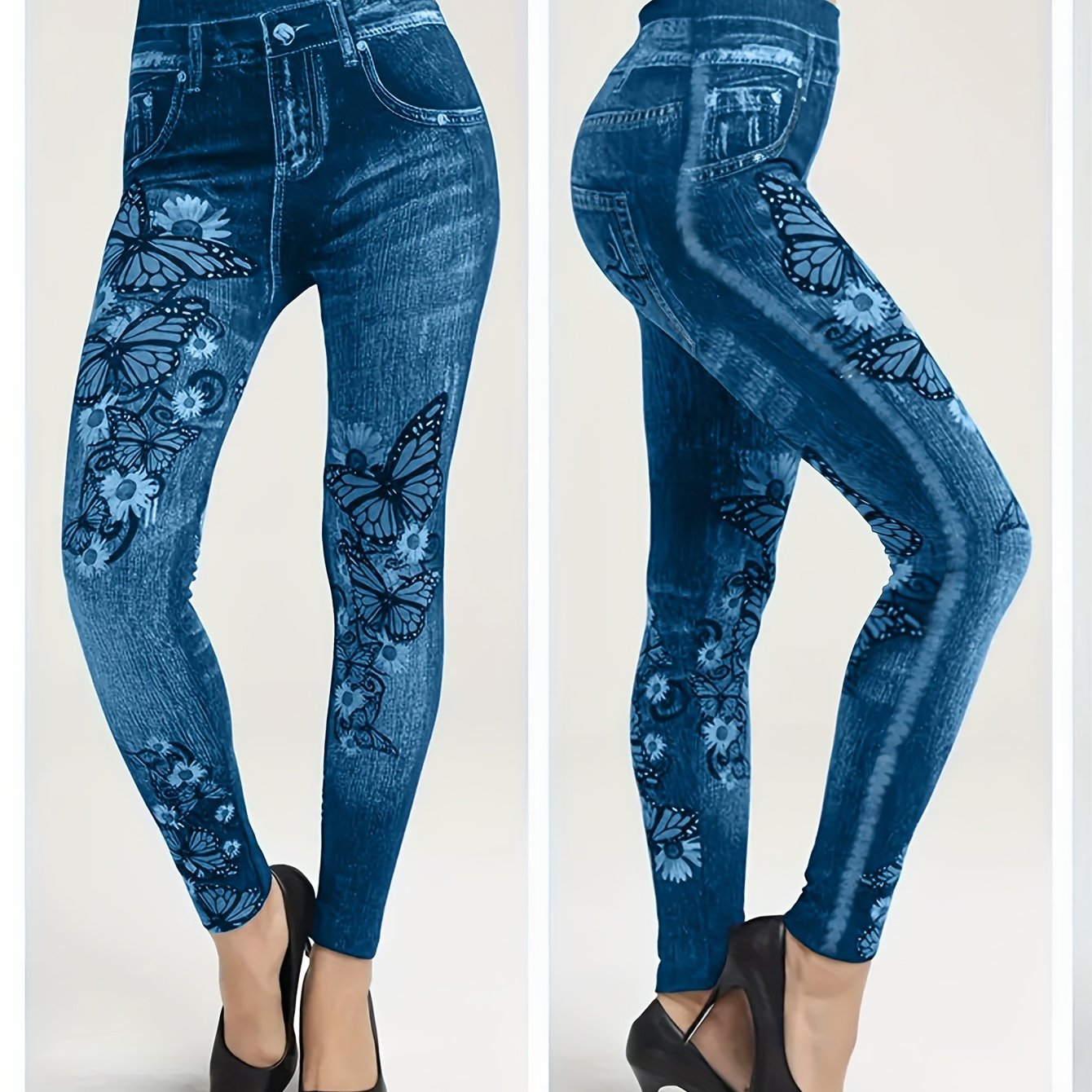 Women's Plus Size Faux Denim Leggings with Floral Print Casual Stretch