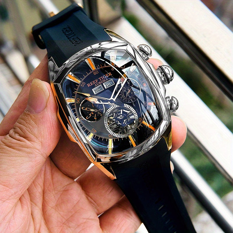 Reef Tiger Lüks Erkaklar Mexanik Tourbillon Soati, ko'k dial, zanglamas po'latdan yasalgan korpus, silikon tasma, kalendar funksiyasi, avtomatik qaytargich, sport dizayni RGA3069, norasmiy foydalanish uchun mos.