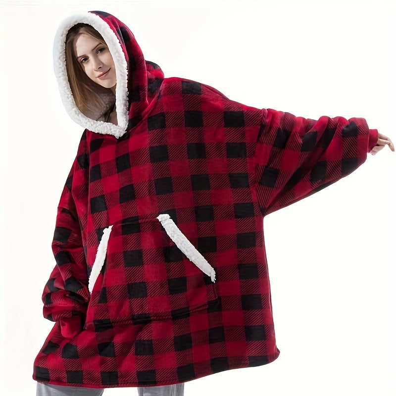 Unisex Oversized Plaid Fleece Hooded Blanket Sweatshirt with Pockets