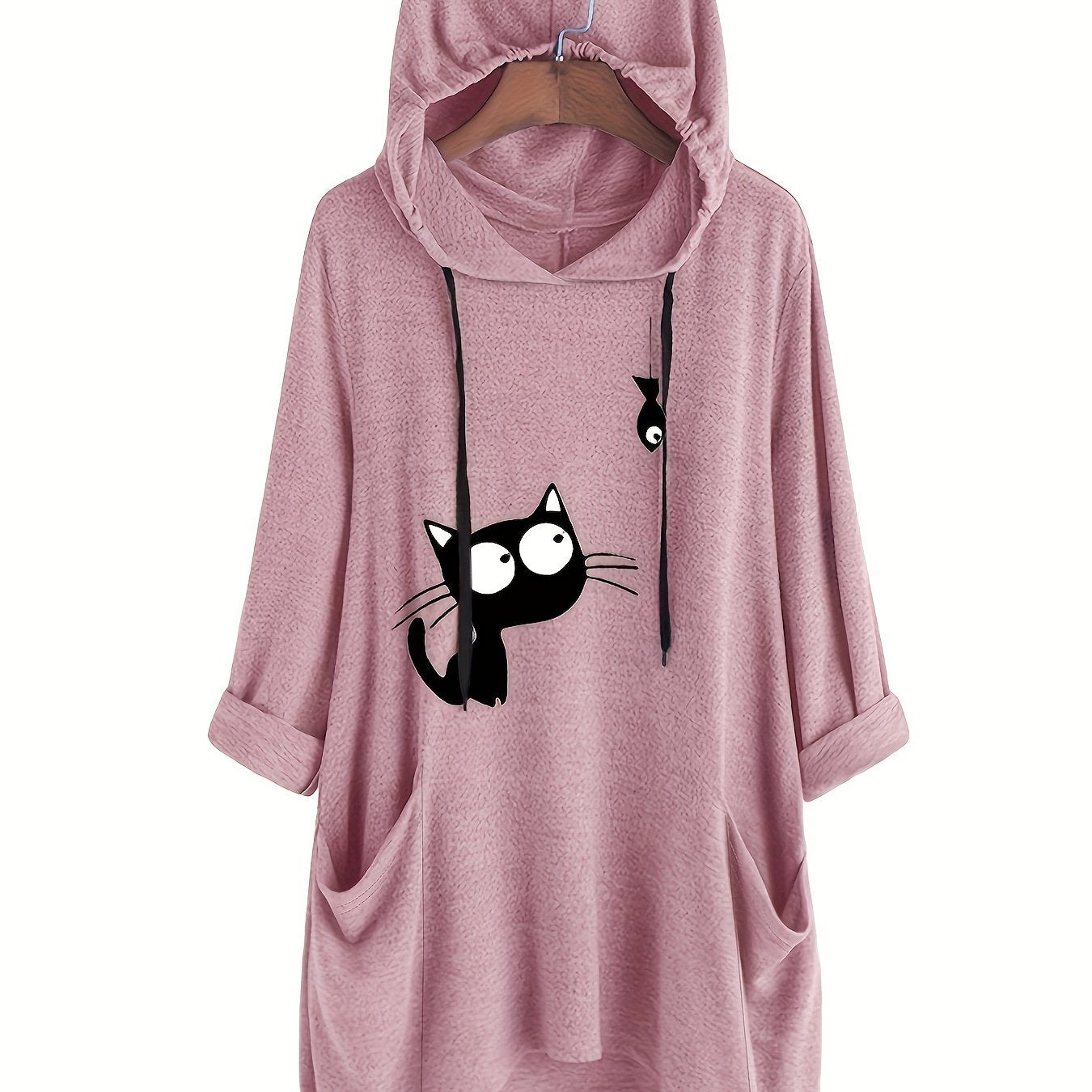 Ayollar uchun pushti hoodie qora mushuk grafikasi bilan qulay kuzki sviter