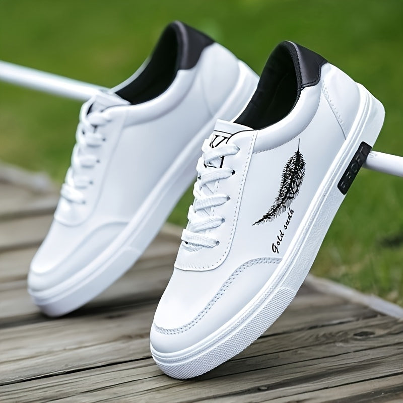 Men's White Sneakers Feather Design Non-slip Lace-up Casual Walking Jogging Travel