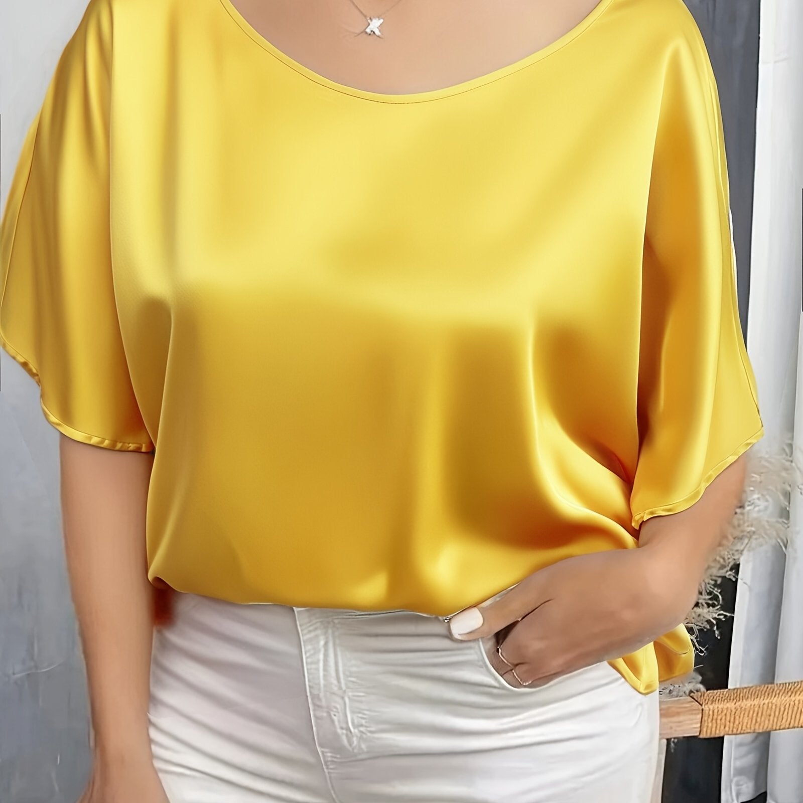 Women's Plus Size Red Short Sleeve Top Loose Fit Polyester All-Season Casual