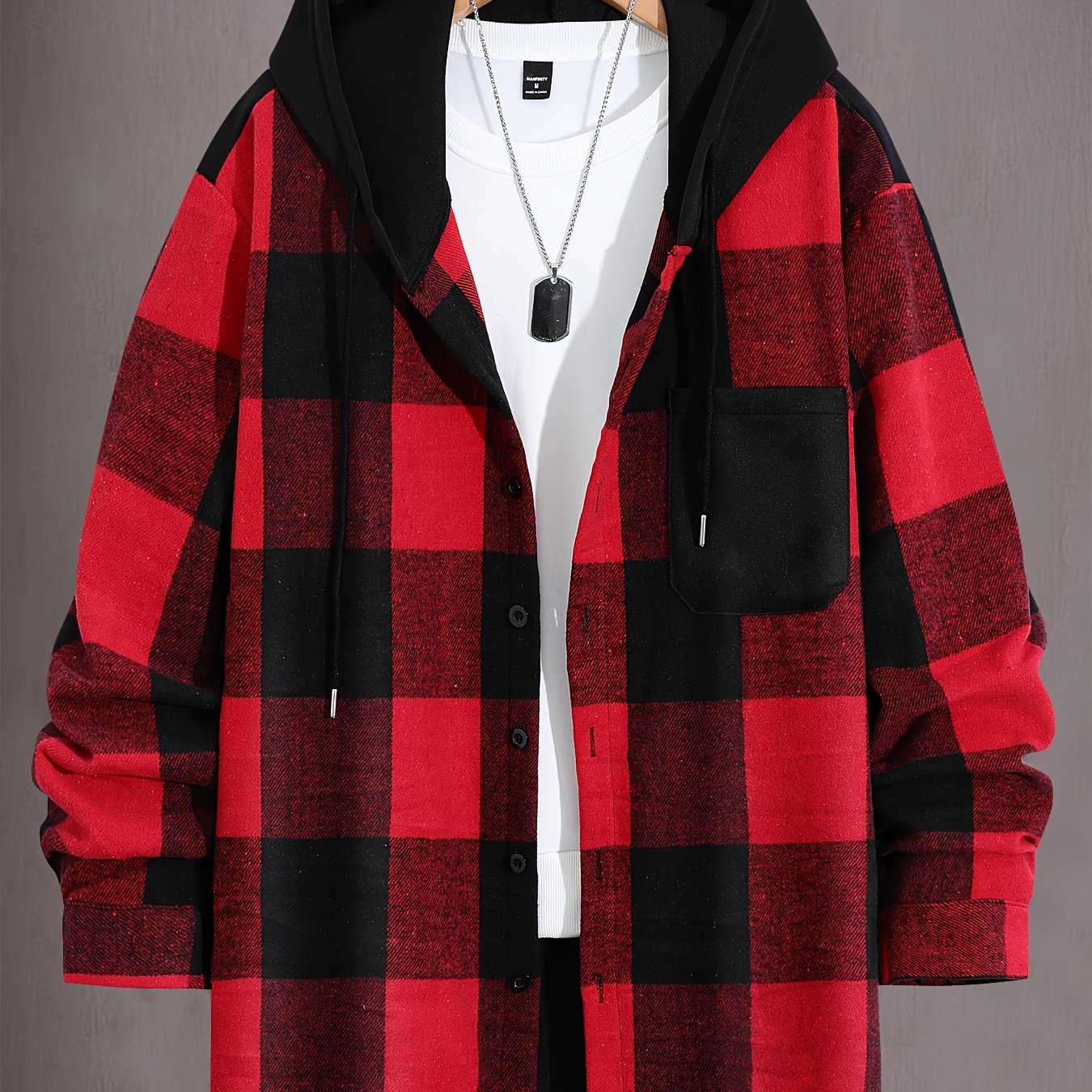 Plus Size Men's Plaid Hooded Shirt Long Sleeve Button-Up Polyester Blend Casual