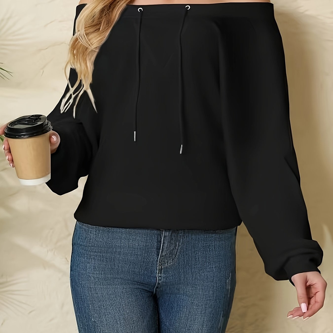 Women’s Polyester Knit Off-Shoulder Pullover Sweatshirt with Drawstring