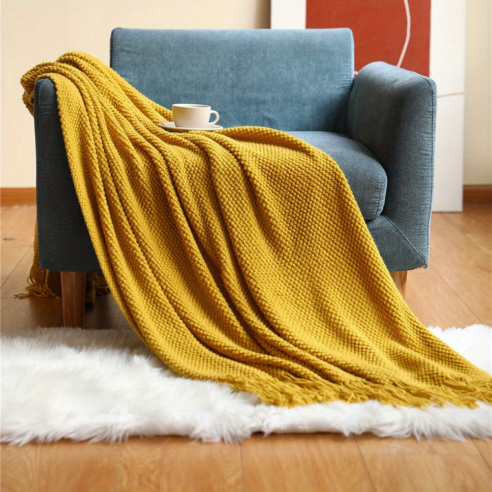 Knit Throw Blanket with Tassels Lightweight Acrylic Bubble Texture for Couch Bed Decor