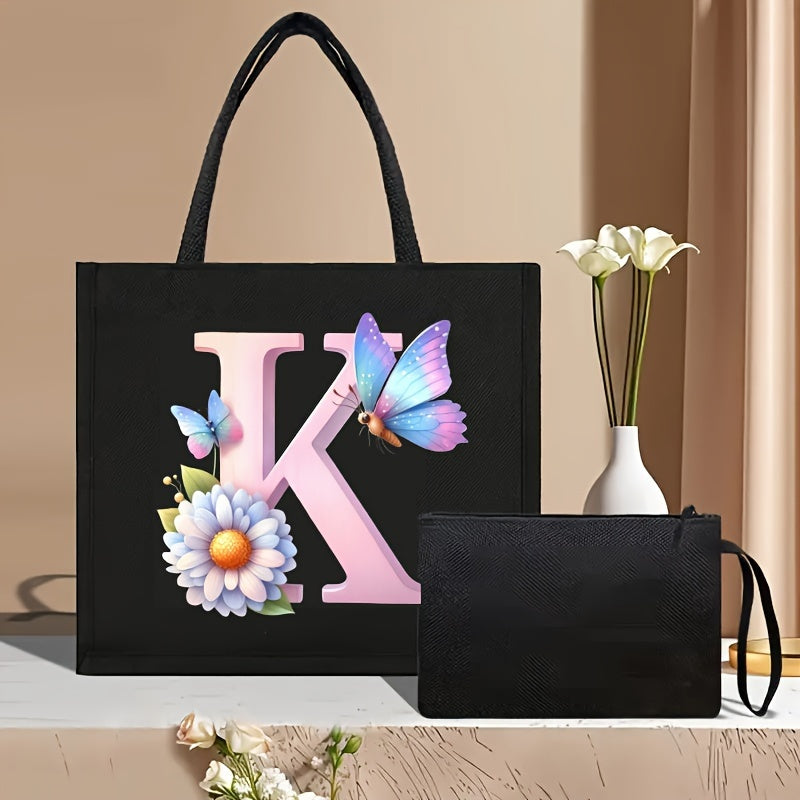 Set of 2 Floral Letter Print Canvas Tote Bags Large Handbag with Clutch Pouch