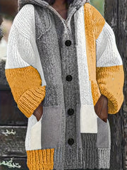 Cardigan de mujer talla grande con capucha, suéter de punto con bloques de color y bolsillos
