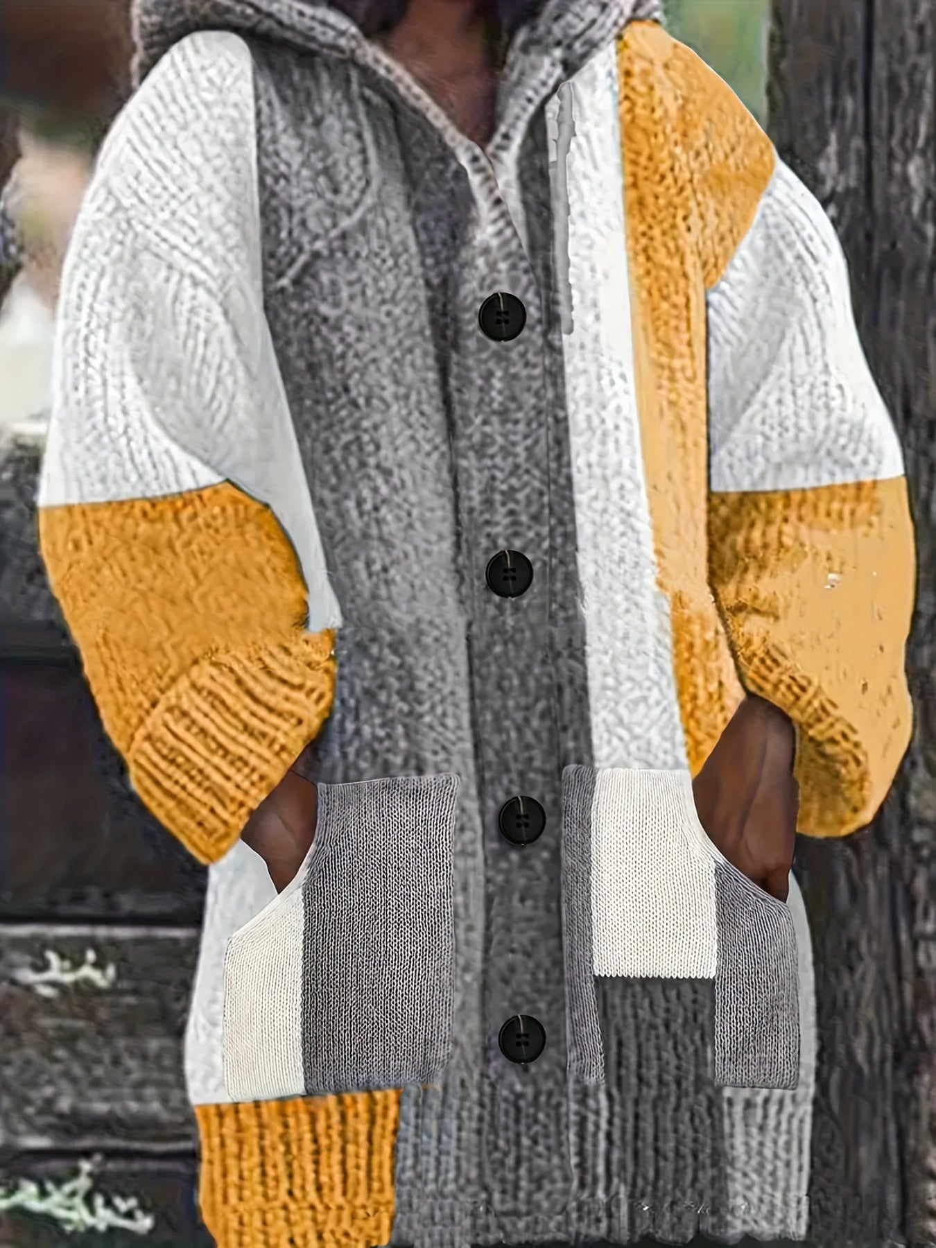 Cardigan de mujer talla grande con capucha, suéter de punto con bloques de color y bolsillos