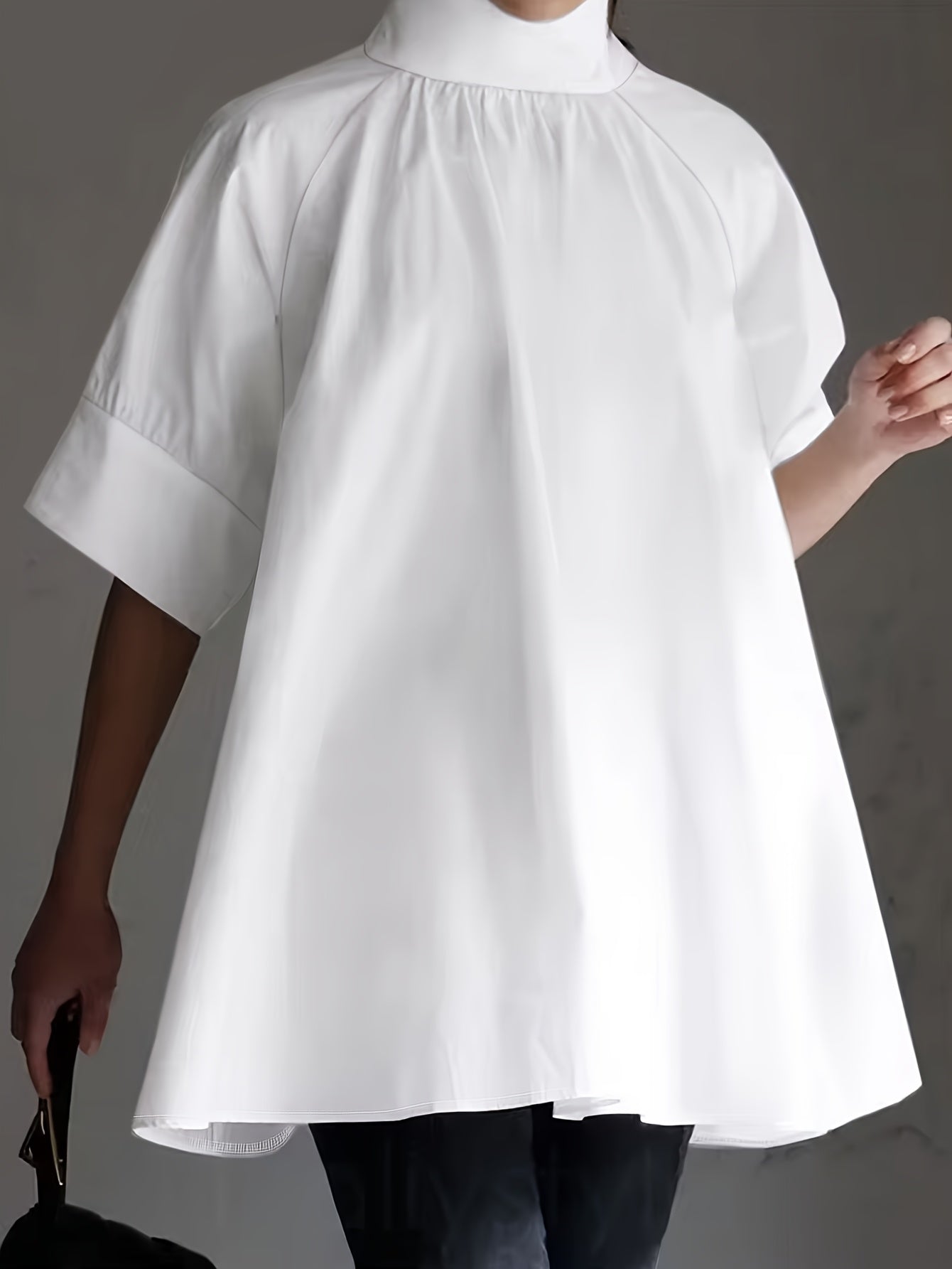 White Women's Casual Woven Cotton Short Sleeve Shirt with Stand Collar