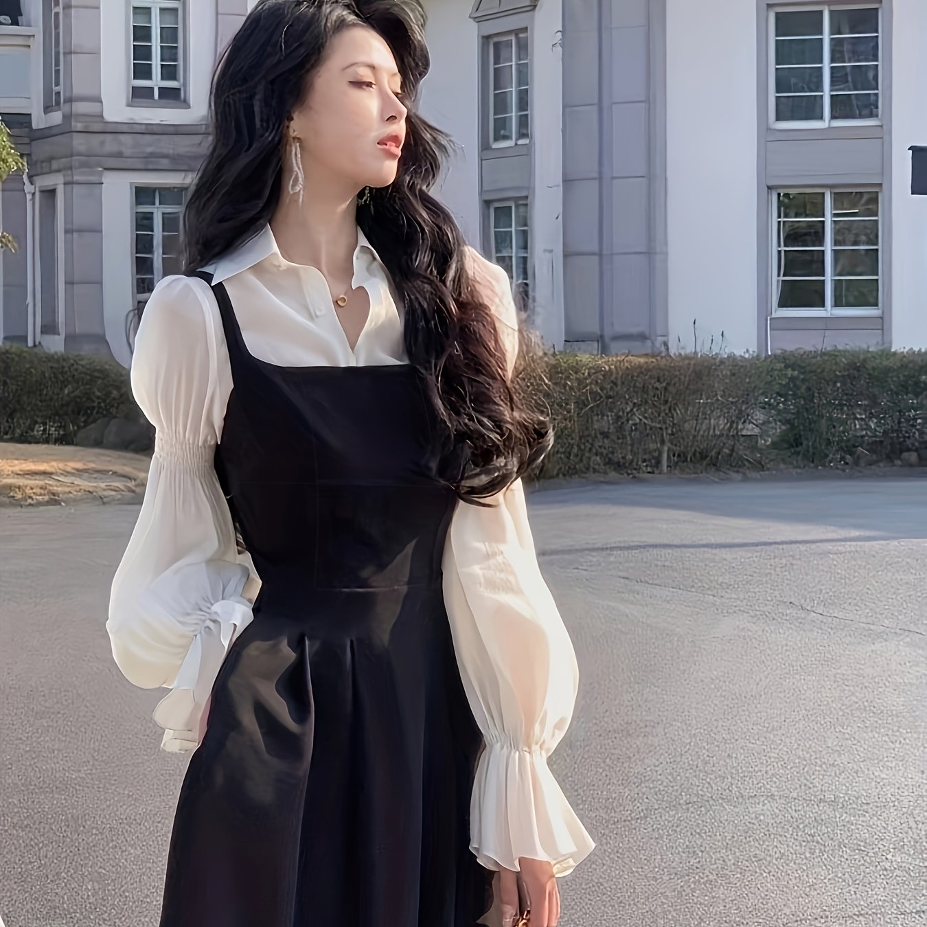 Women's Bubble Sleeve Dress Polyester Solid Color Elegant Flared Spring Summer Fall