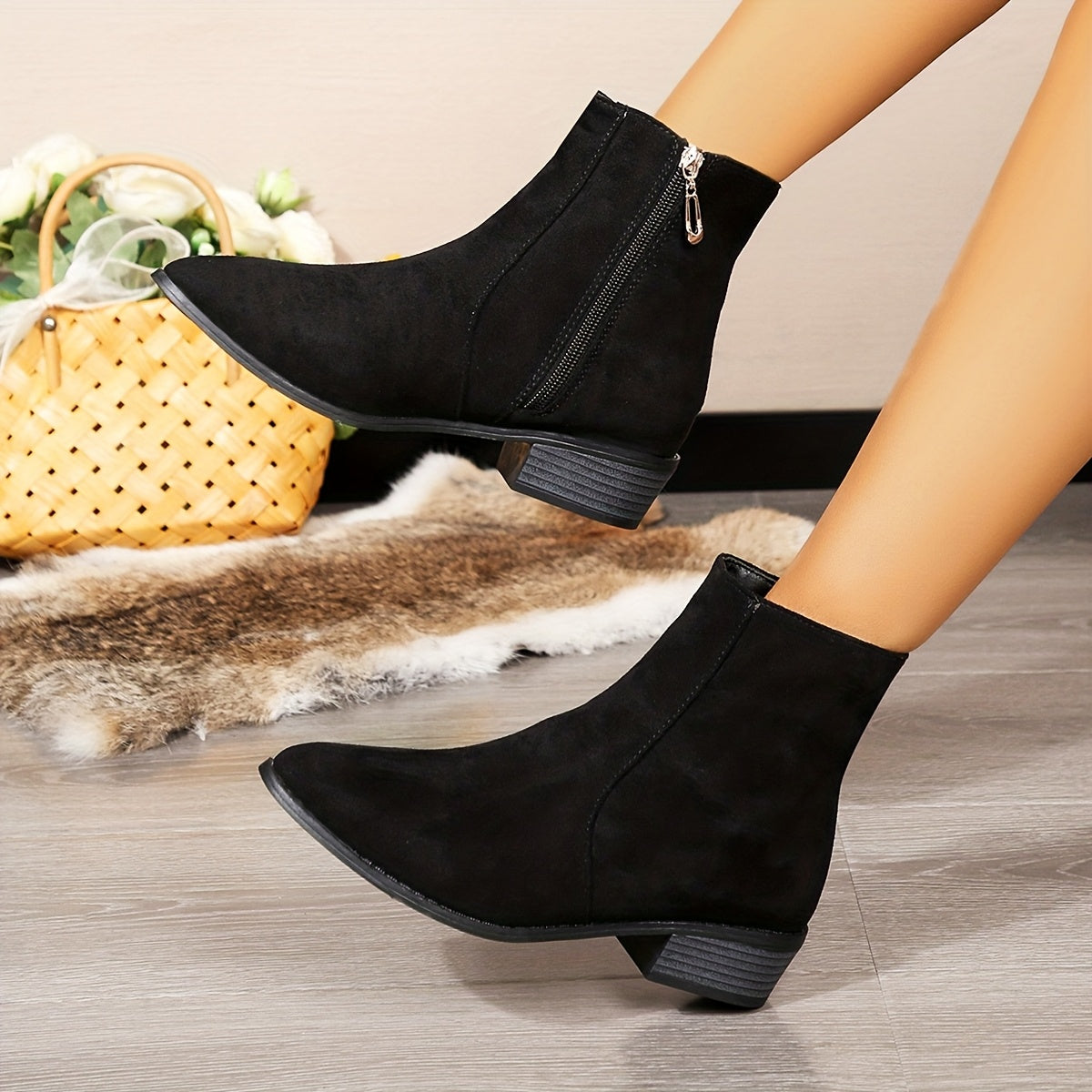 Women Solid Color Casual Ankle Boots Pointed Toe Zipper Block Heel