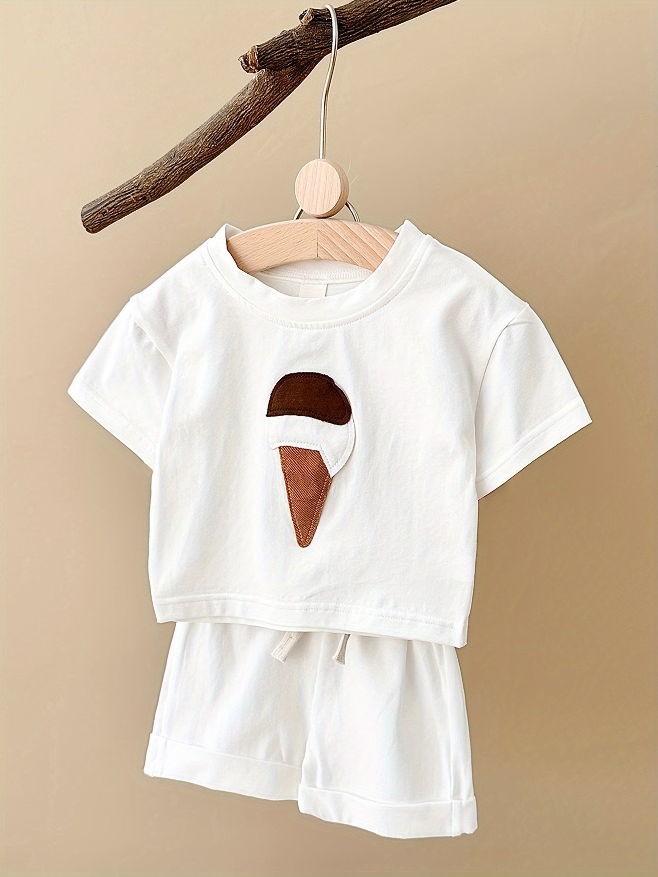 Девочки, летний хлопковый микс с аппликацией мороженого, двухпредметный комплект с коротким рукавом и шортами