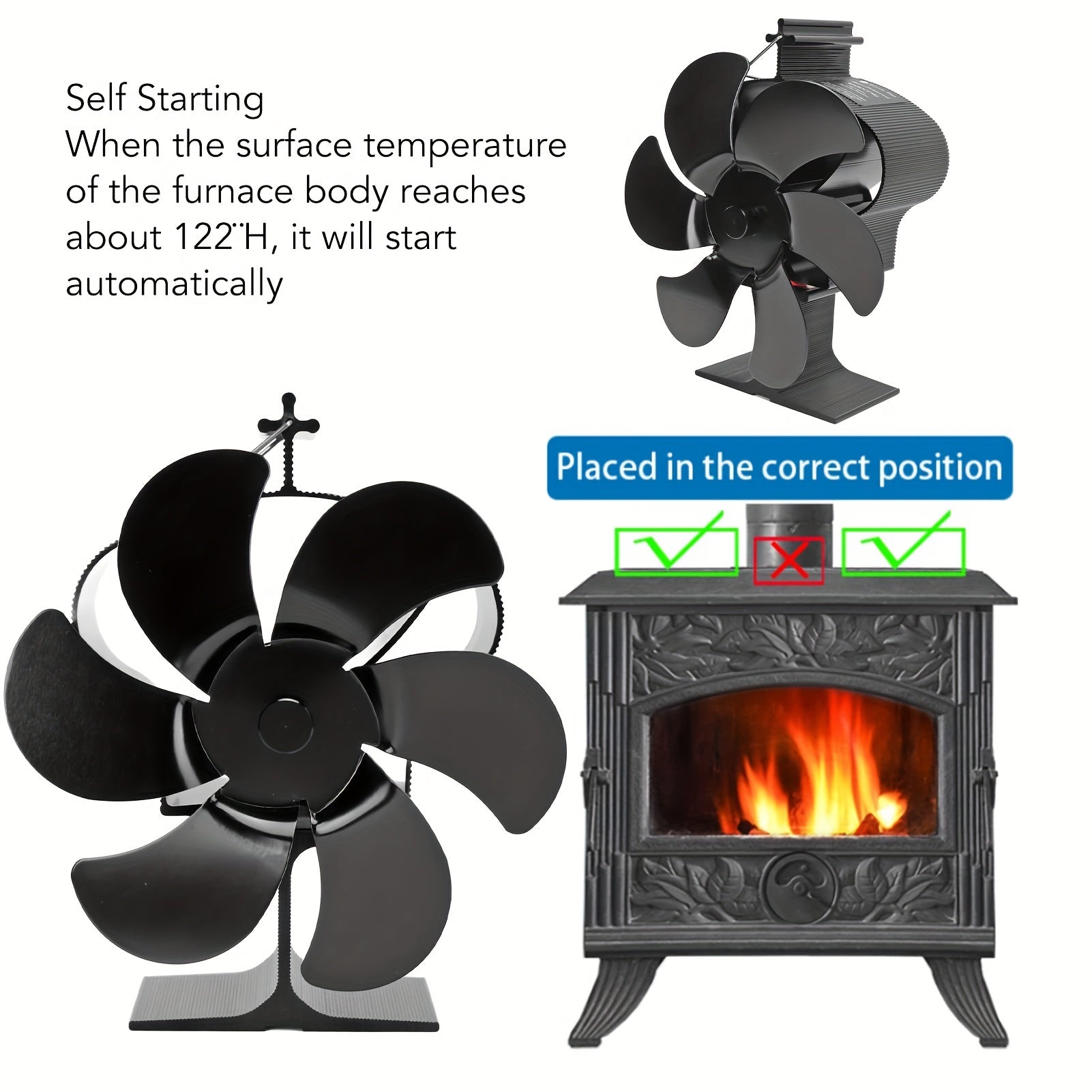 Heat Powered Wood Stove Fan 6 Blade Non-Electric Fireplace Thermometer
